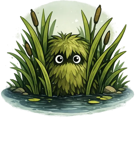 A shaggy creature with wide, friendly eyes peering through the reeds over a pond